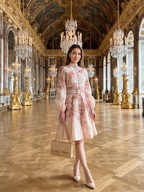 Floral Puff-Sleeve Fit-and-Flare Dress in Blush Pink